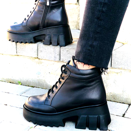Black leather wedge heeled boots buy online