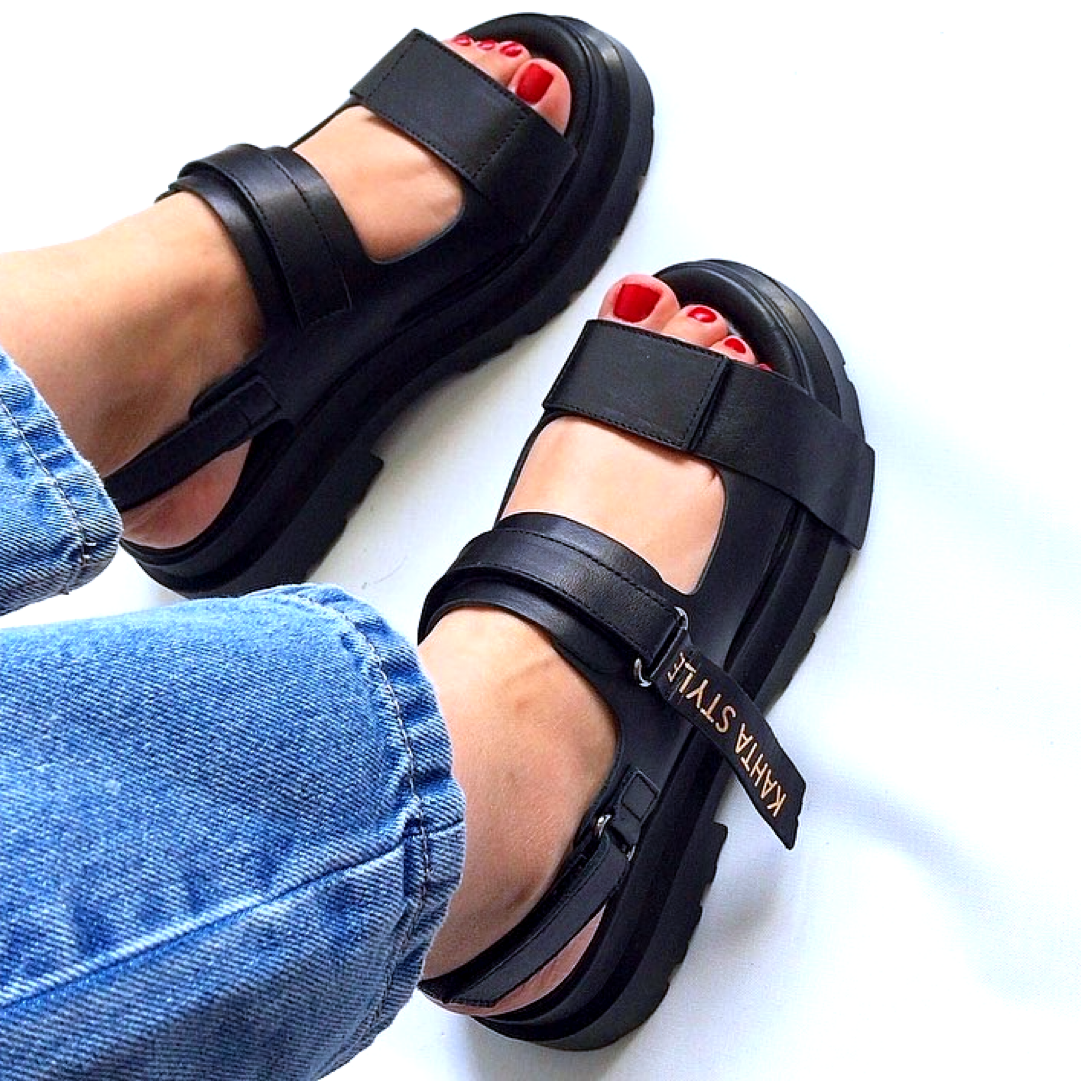 Chunky two-strap sandals - BLACK – Elmario Shoes