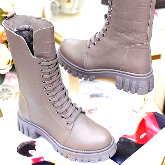 High lace-up leather boots - beige buy online