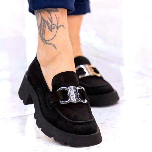 Natural suede loafers with buckle - BLACK